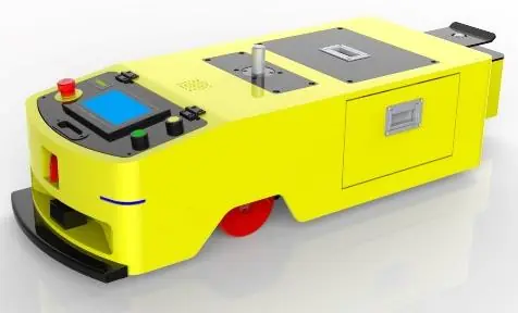 Unidirectional Towing AGV (TL-QY-300DX-001) with a yellow body, black base, and a small screen on the front.