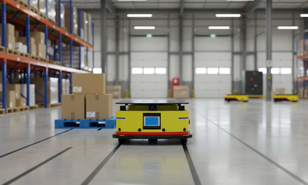 Yellow Automated Guided Vehicle (AGV) on floor tape in a modern warehouse with tall shelving, boxes on pallets, and other AGVs in the background.