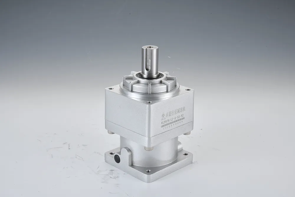 A silver planetary gearbox, model VLF078-L1-5-S2-P2, with a keyed output shaft, on a white surface with a gray background.