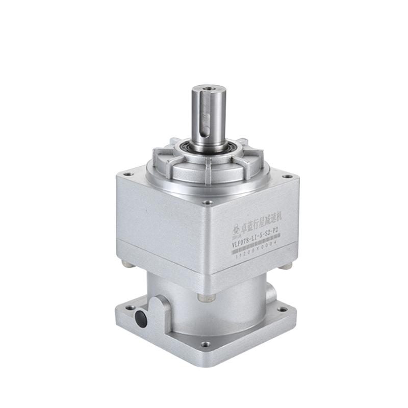 A silver planetary gearbox, model VLF078-L1-5-S2-P2, with a keyed output shaft, standing upright on a white background.