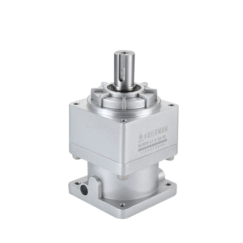 A silver planetary gearbox, model VLF078-L1-5-S2-P2, with a keyed output shaft, standing upright on a white background.