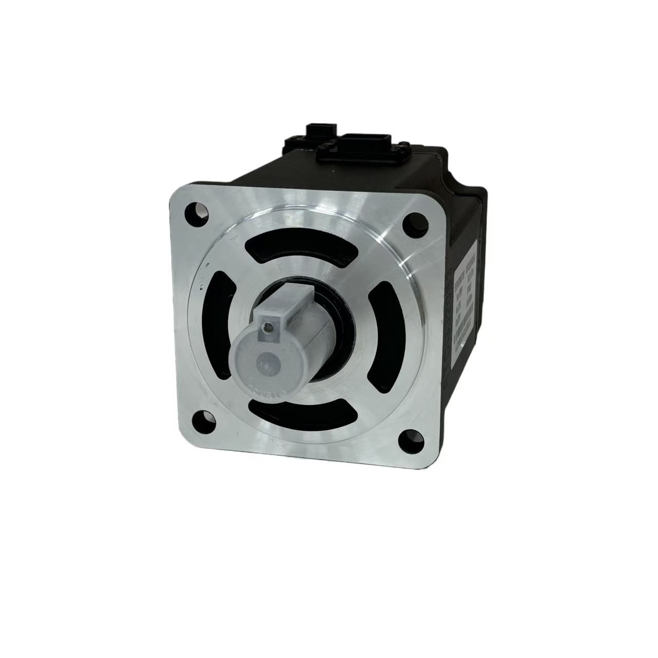 A black stepper motor with a silver faceplate and a gray shaft cover is shown on a white background. The motor has a label with specifications on its side.