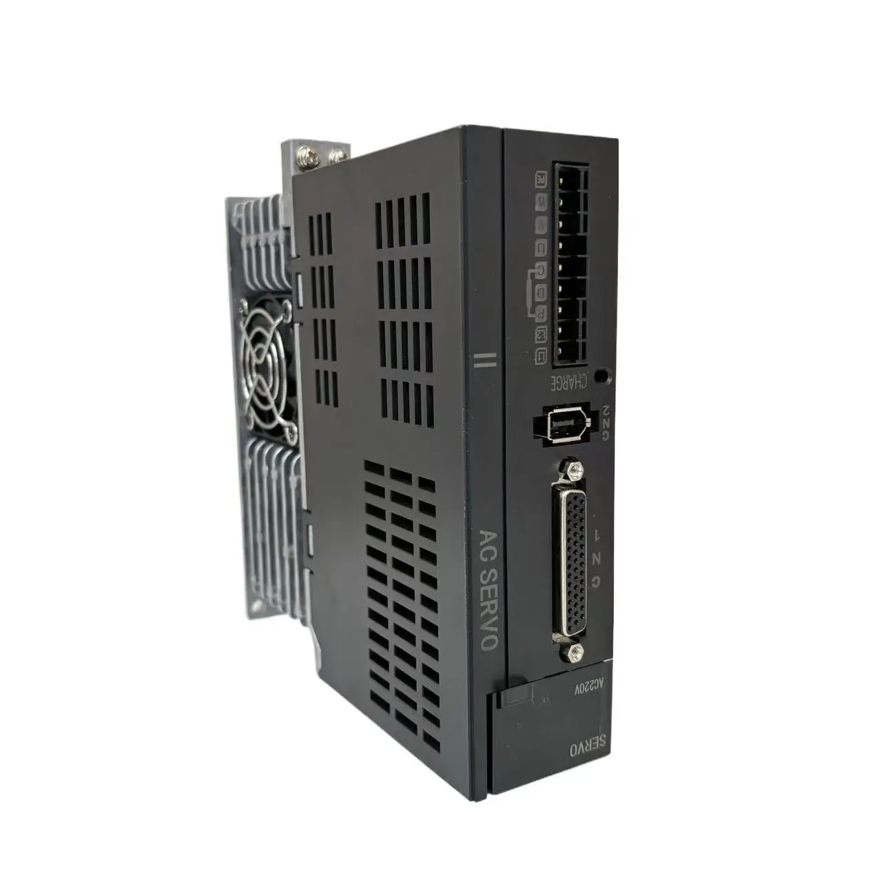 A black AC servo drive with a silver heatsink and fan on the left side. The front panel has "AC SERVO" printed vertically, along with various ports and labels like "CHARGE," "CN2," "AC220V," and "SERVO."