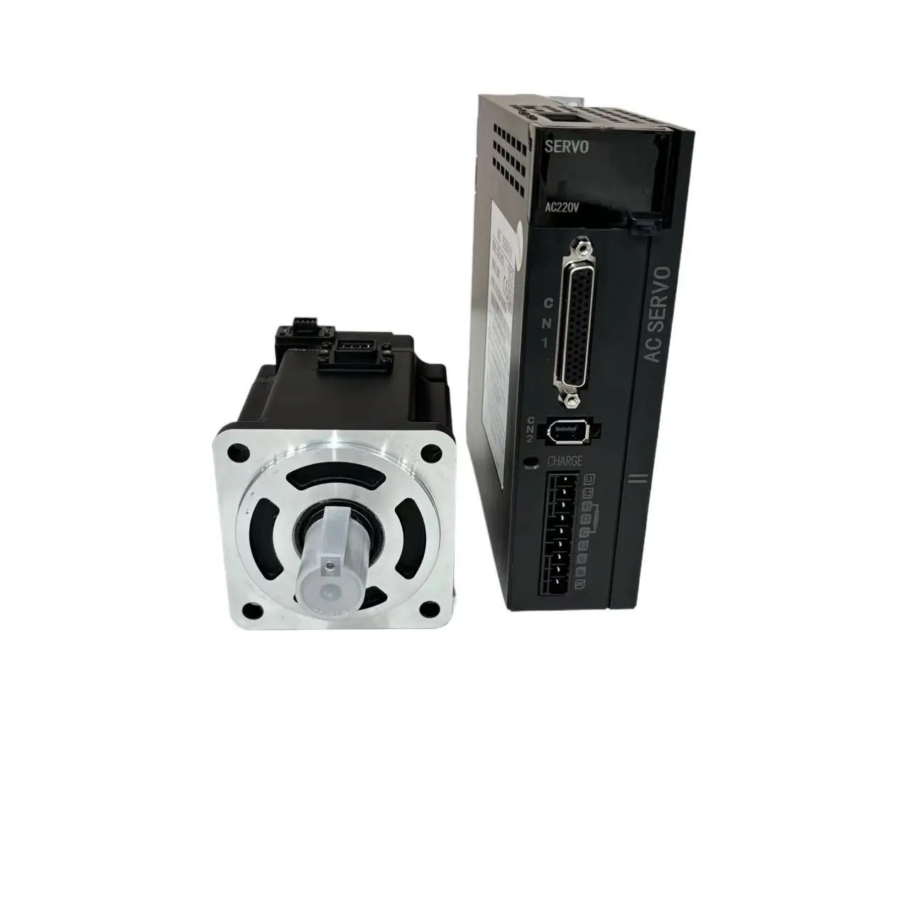 A black servo motor with a silver faceplate and a black servo drive, labeled "SERVO AC220V AC SERVO," are displayed side-by-side on a white background. The drive features various ports and connectors.