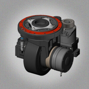 A 3D rendering of a two-wheel differential steering wheel, featuring a large black gear with a red ring, a smaller gear, and a black wheel.