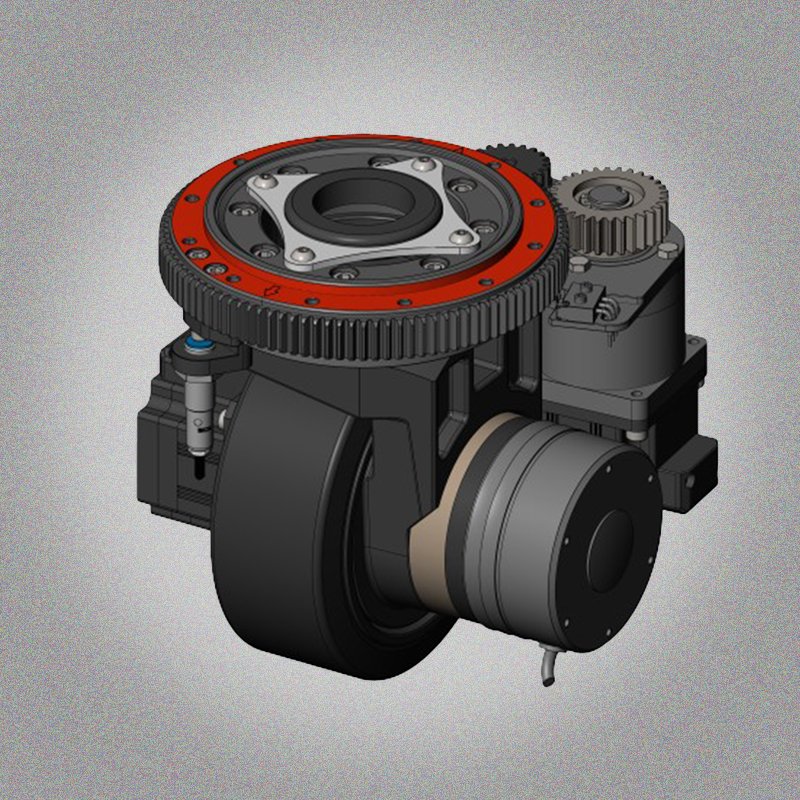 A 3D rendering of a two-wheel differential steering wheel, featuring a large black gear with a red ring, a smaller gear, and a black wheel.