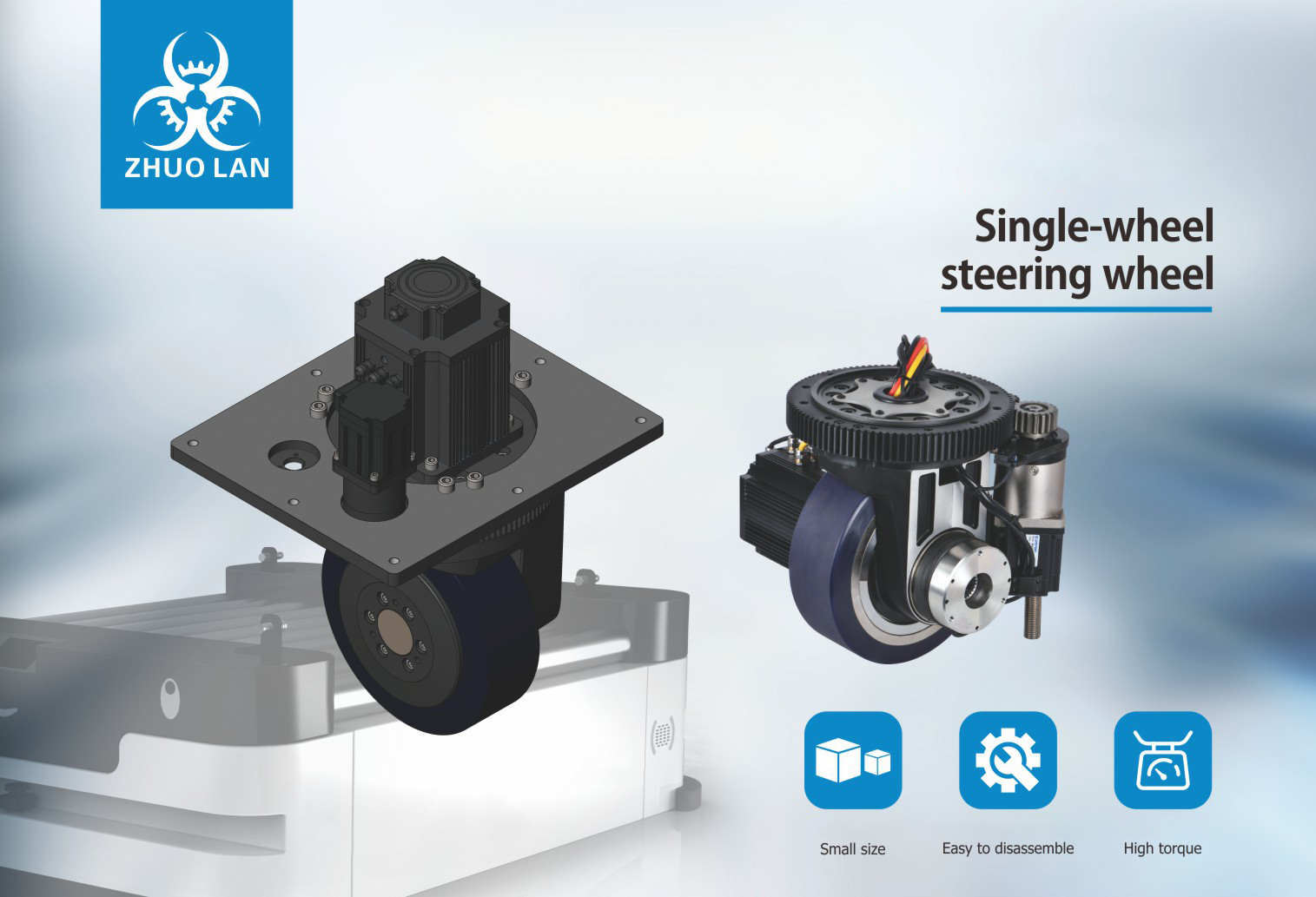 A product image for "Single-wheel steering wheel" by ZHUO LAN, showing two views of the product and icons for "Small size," "Easy to disassemble," and "High torque."