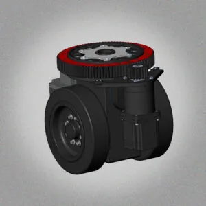 A 3D rendering of a black industrial drive wheel with a large red-rimmed gear on top, set against a speckled gray background.