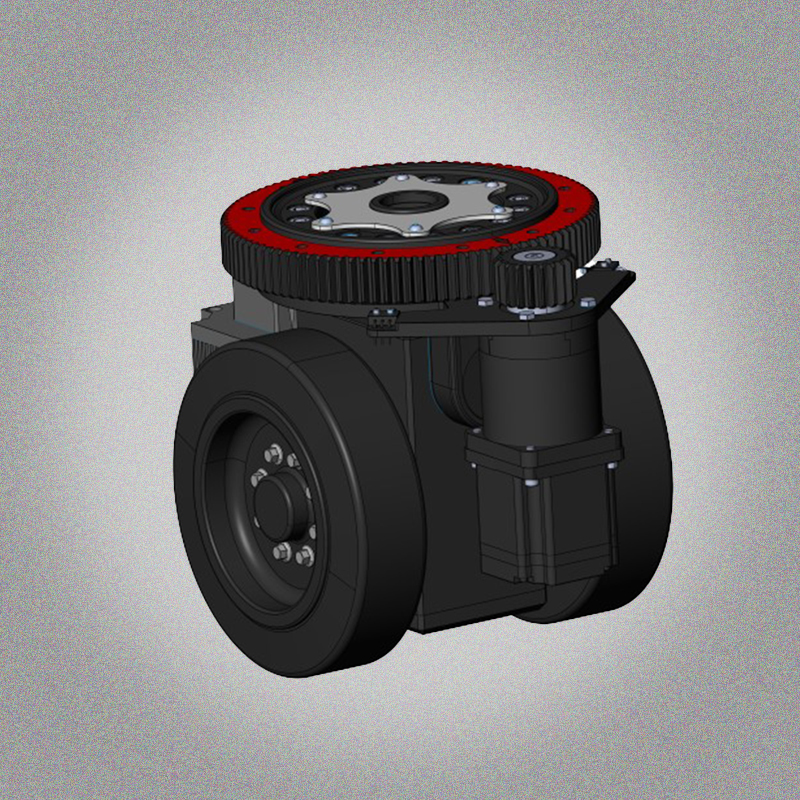 A 3D rendering of a black industrial drive wheel with a large red-rimmed gear on top, set against a speckled gray background.