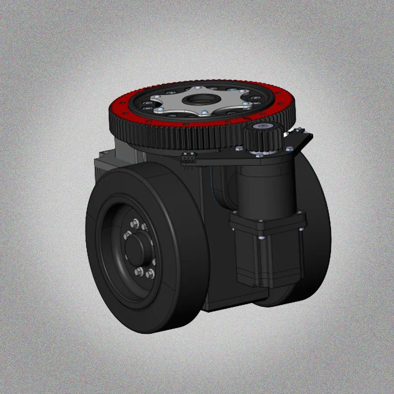 A 3D rendering of a black industrial drive wheel with a large red-rimmed gear on top, set against a speckled gray background.