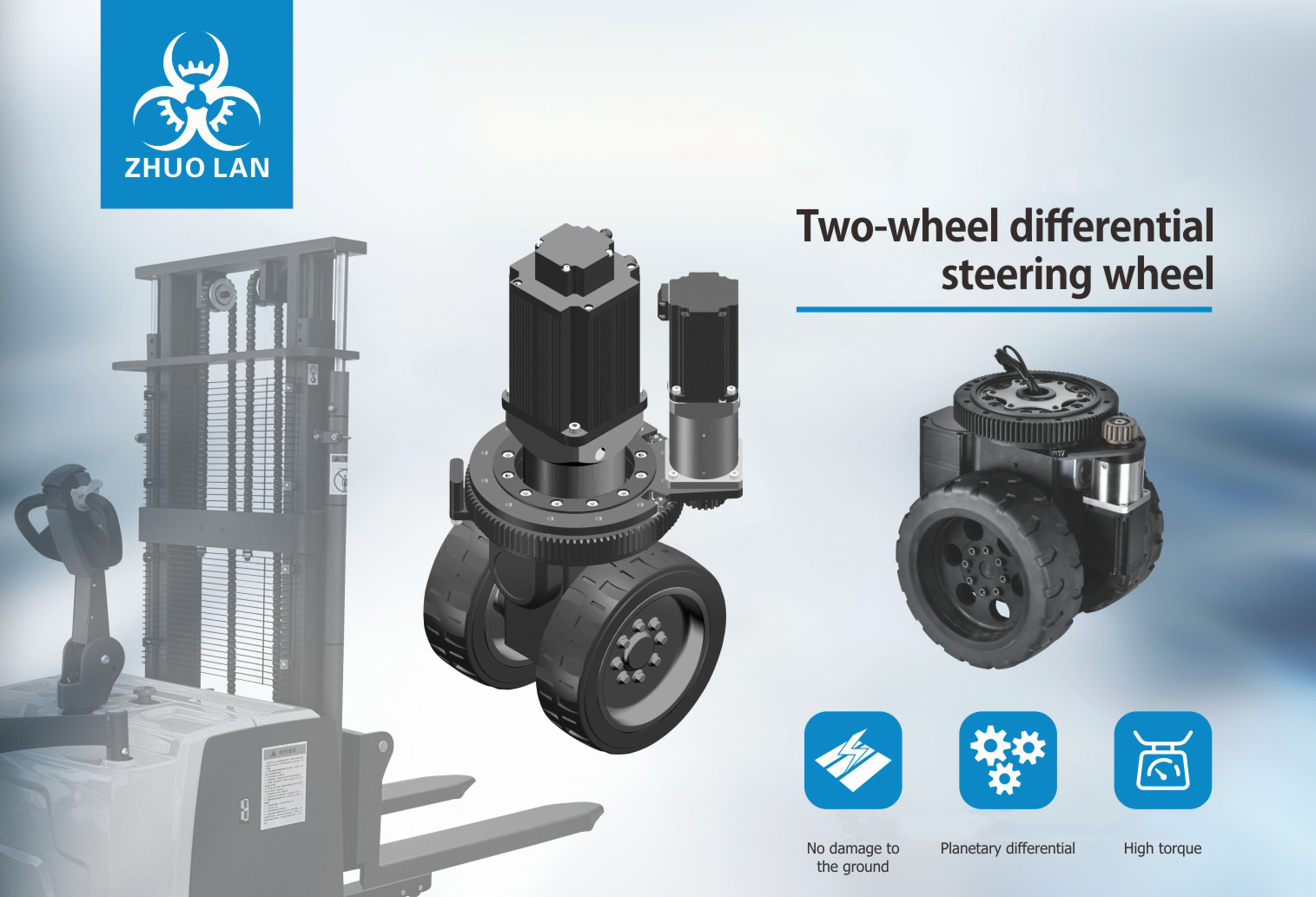 A product image for "Two-wheel differential steering wheel" by ZHUO LAN, showing two models of steering wheels, a forklift in the background, and icons for "No damage to the ground," "Planetary differential," and "High torque."