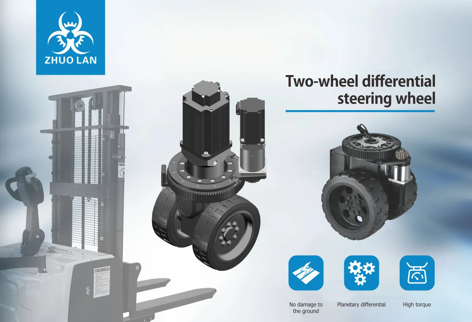 A product image for "Two-wheel differential steering wheel" by ZHUO LAN, showing two models of steering wheels, a forklift in the background, and icons for "No damage to the ground," "Planetary differential," and "High torque."