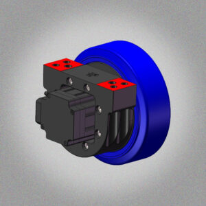A 3D rendering of a mechanical assembly featuring a large blue wheel, a black gearbox with red mounting points, and visible bolts.