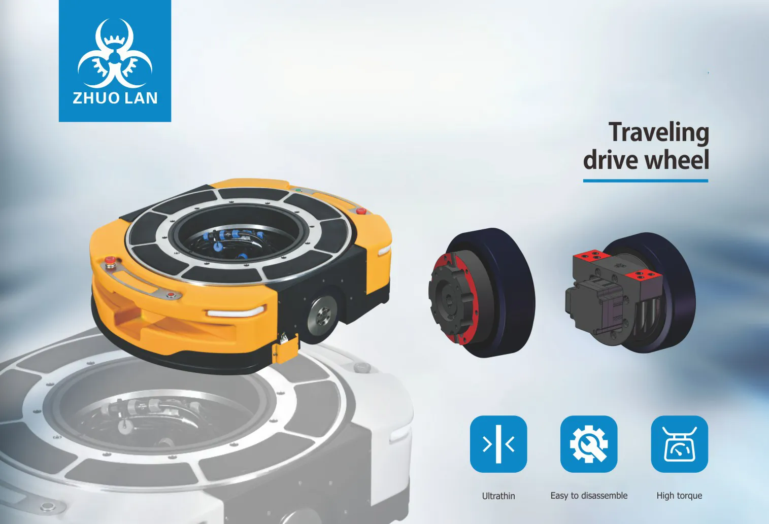 A product image for "Traveling drive wheel" by ZHUO LAN, showing an orange and black AGV, two drive wheel models, and icons for "Ultrathin," "Easy to disassemble," and "High torque."