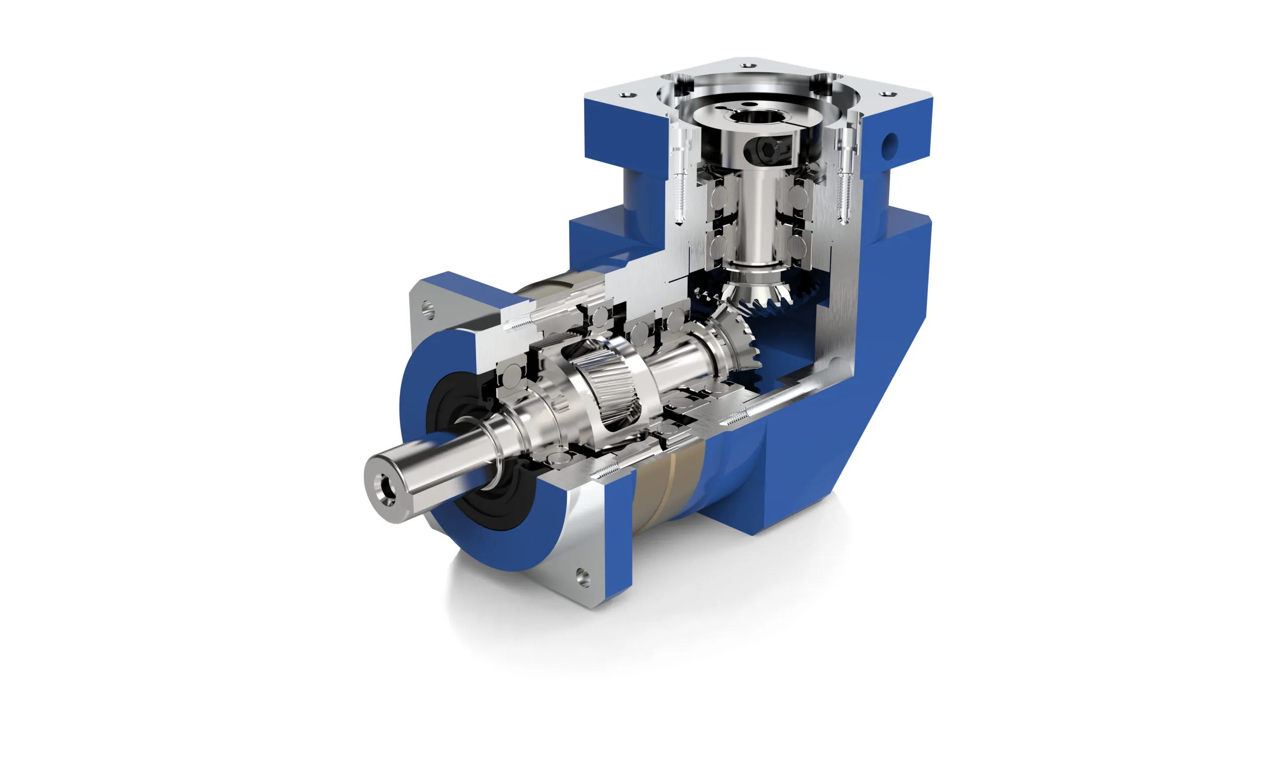 A 3D cutaway rendering of a blue and silver right-angle planetary gearbox, revealing its internal helical gears and bearings.