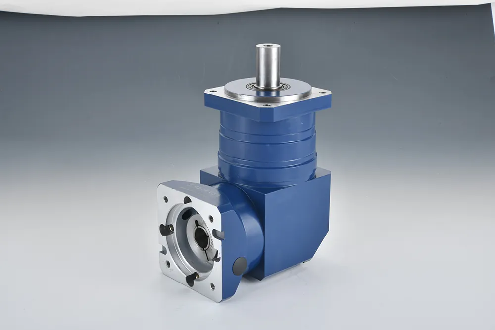 A blue and silver right-angle planetary gearbox with a cylindrical output shaft on top and a square mounting flange on the side.