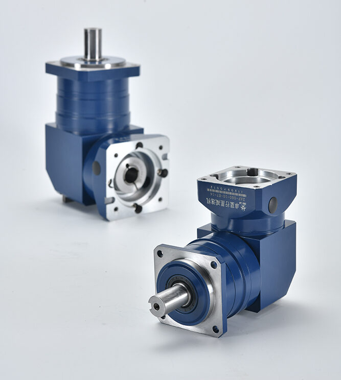 Two blue and silver right-angle planetary gearboxes are shown on a white surface. The top one has a smooth output shaft, and the bottom one has a keyed output shaft.