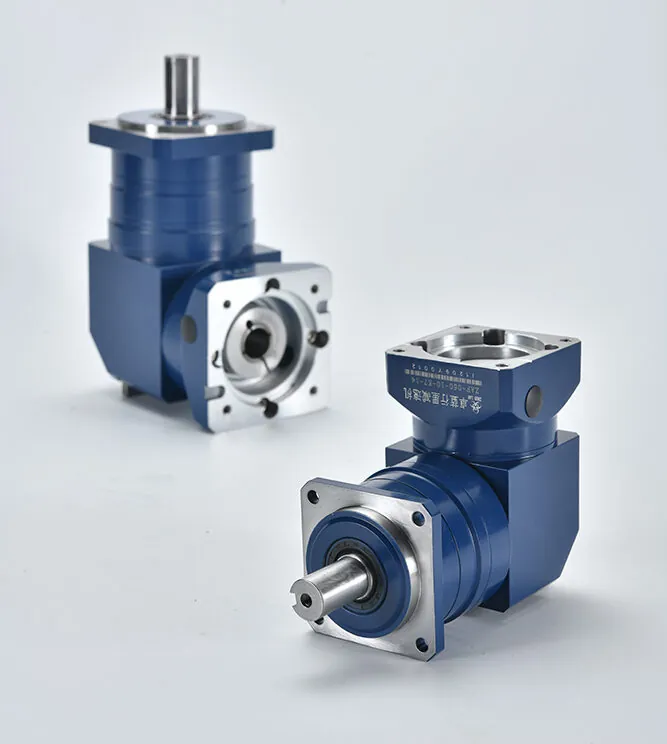 Two blue and silver right-angle planetary gearboxes are shown on a white surface. The top one has a smooth output shaft, and the bottom one has a keyed output shaft.