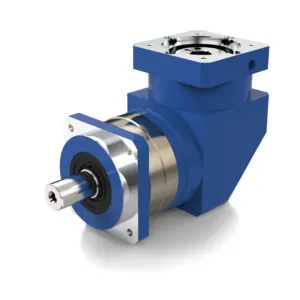 A 3D rendering of a blue and silver right-angle planetary gearbox with a keyed output shaft on the left and a square mounting flange on the right.