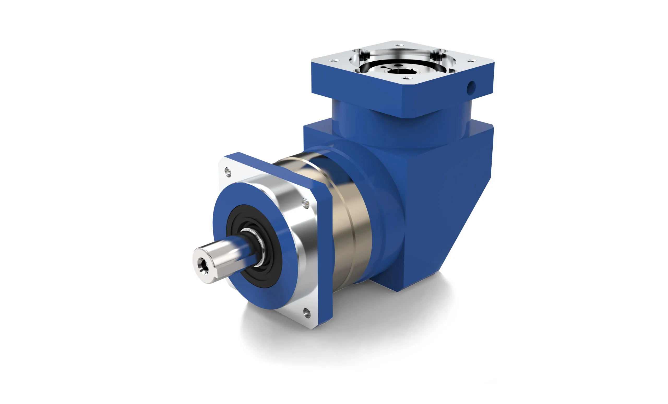 A 3D rendering of a blue and silver right-angle planetary gearbox with a keyed output shaft on the left and a square mounting flange on the right.