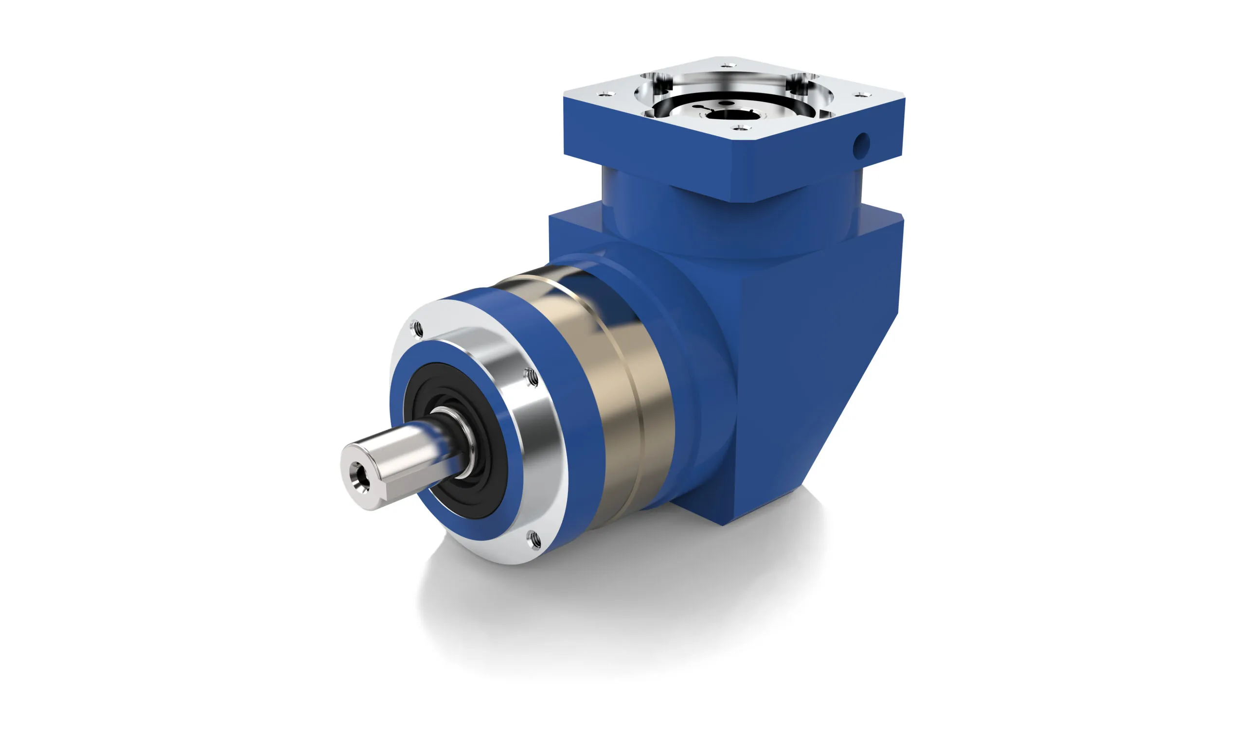 A 3D rendering of a blue and silver right-angle planetary gearbox with a keyed output shaft on the left and a square mounting flange on the right.