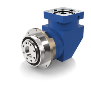 A blue right-angle planetary gearbox with a silver output flange and bolt holes, resting on a white surface with a subtle reflection.