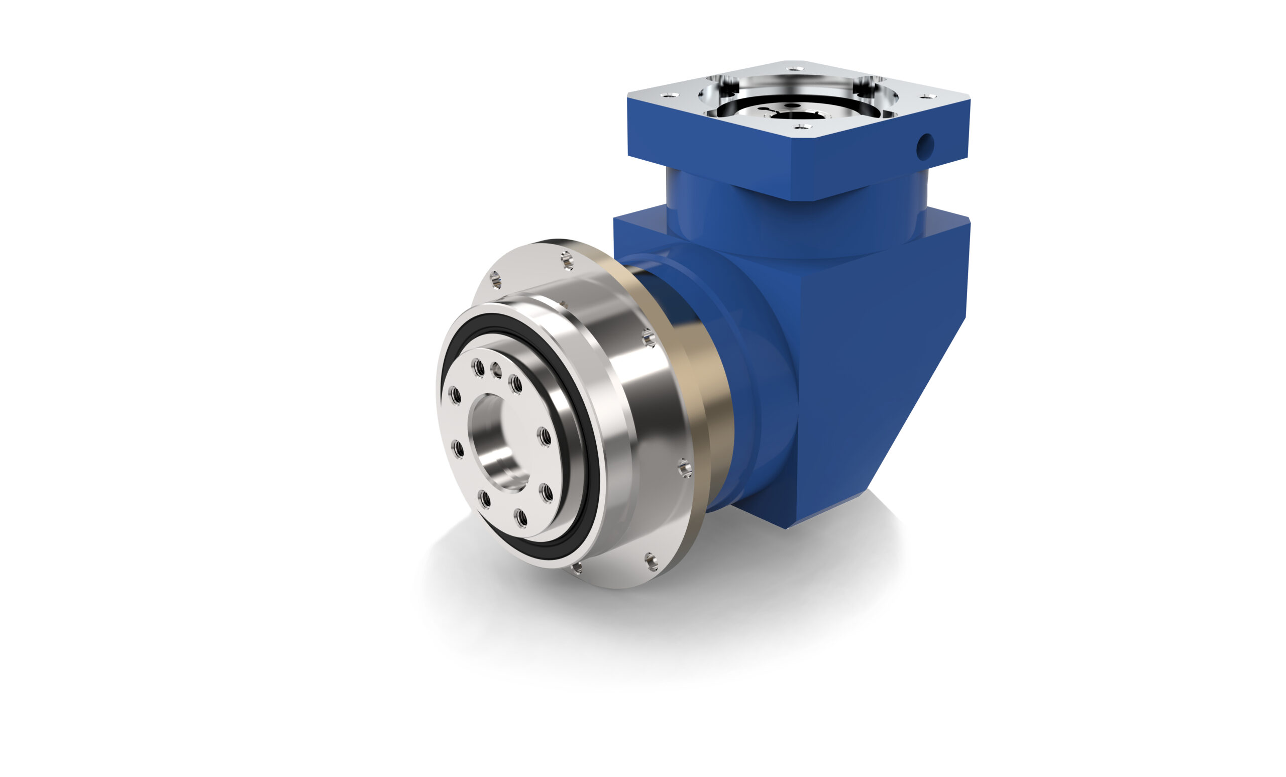 A blue right-angle planetary gearbox with a silver output flange and bolt holes, resting on a white surface with a subtle reflection.