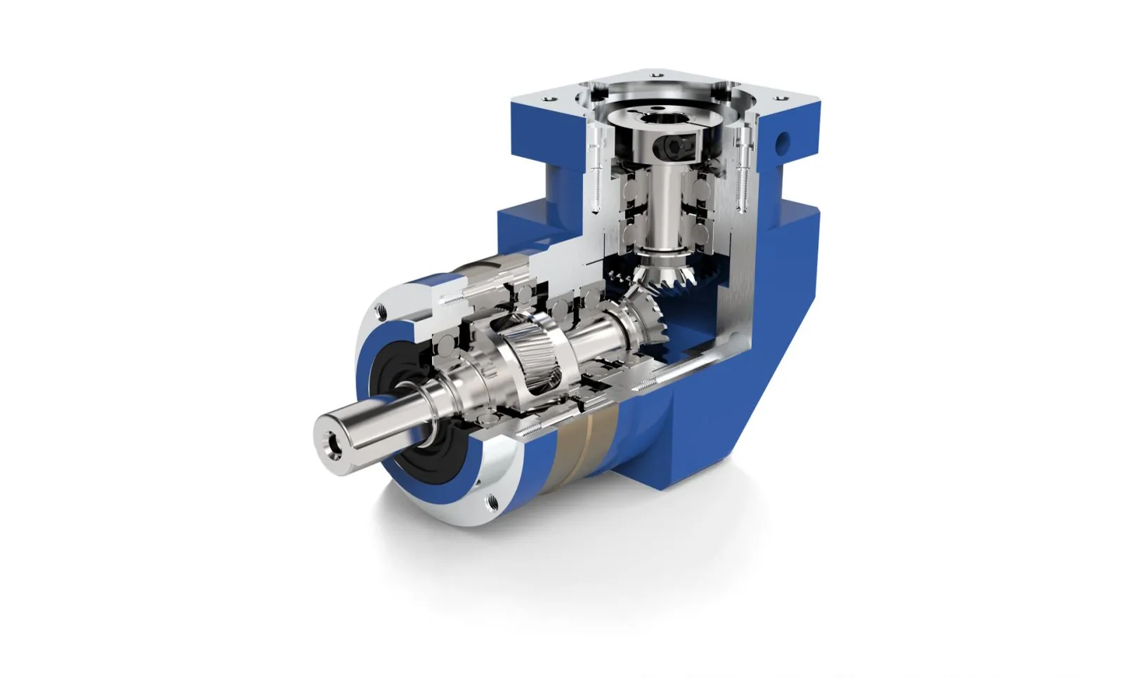 A cutaway view of a blue right-angle planetary gearbox, revealing the internal silver gears, bearings, and shafts.