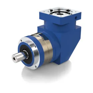 A blue right-angle planetary gearbox with a silver output shaft and mounting flange, positioned on a white surface with a subtle reflection.
