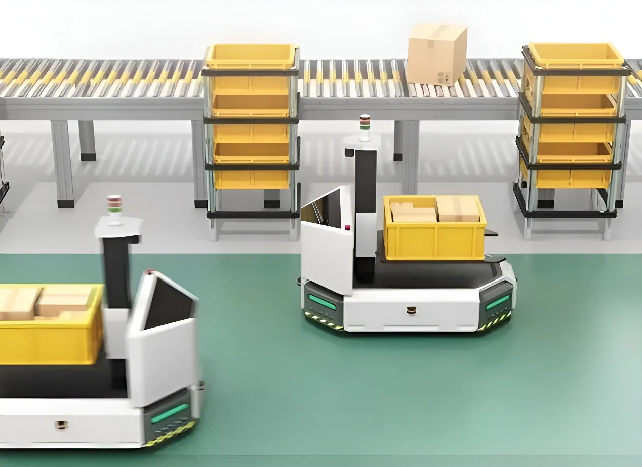 Two autonomous mobile robots transporting yellow bins in an automated warehouse with conveyor belts and shelving.