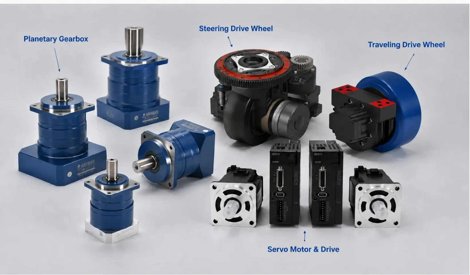 Blue planetary gearboxes, steering and traveling drive wheels, and servo motors with electronic drives.