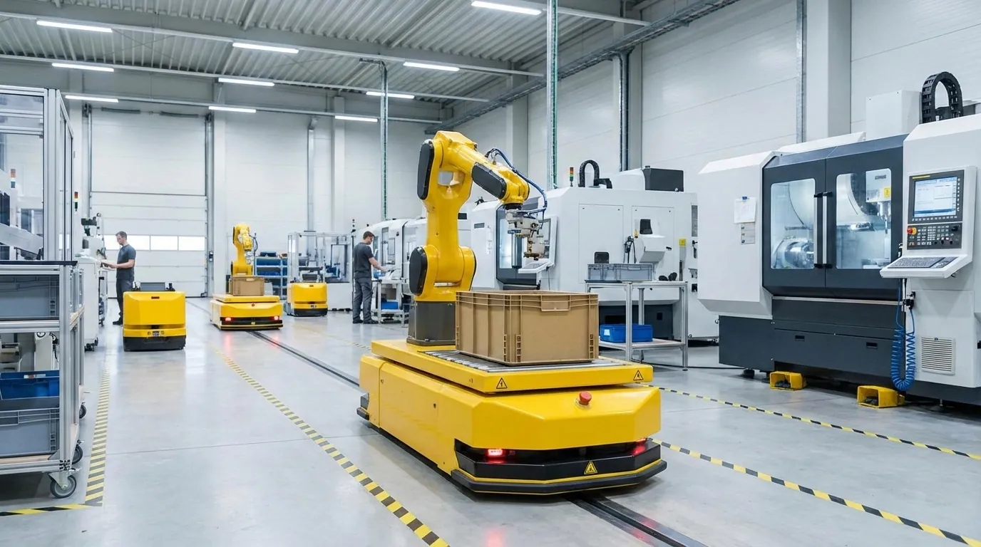 Factory floor with yellow automated guided vehicles, yellow robotic arms, and white CNC machines; workers operate equipment.