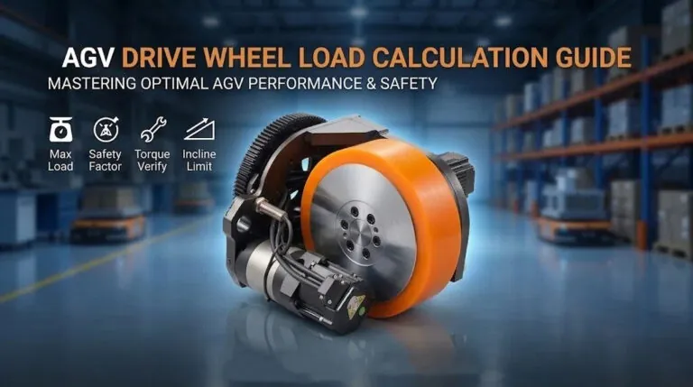 An orange and metallic AGV drive wheel mechanism with an attached motor in a warehouse.