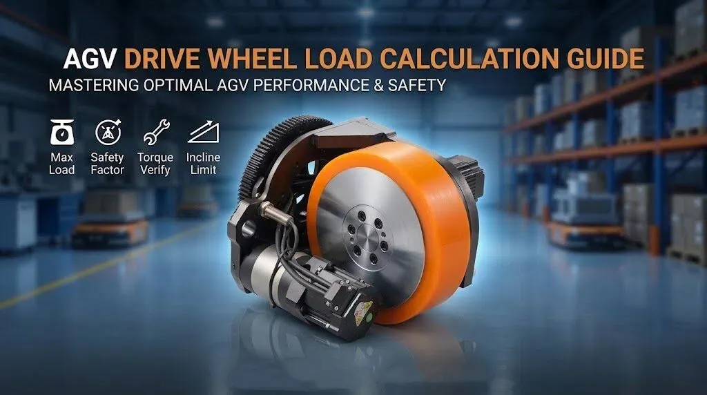 An orange and metallic AGV drive wheel mechanism with an attached motor in a warehouse.
