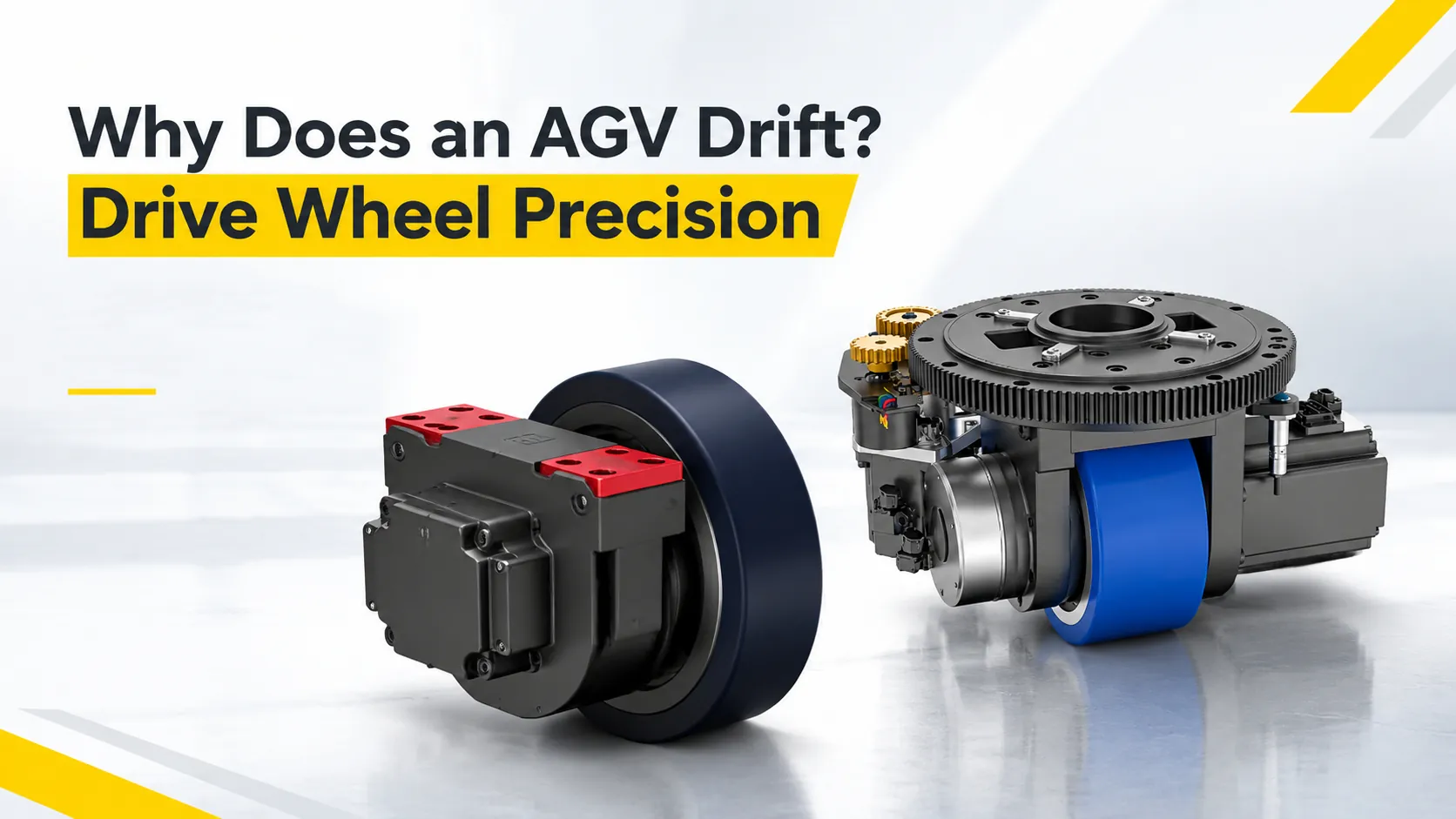 Two heavy-duty AGV drive wheel assemblies with black and blue polyurethane tires on an industrial floor.