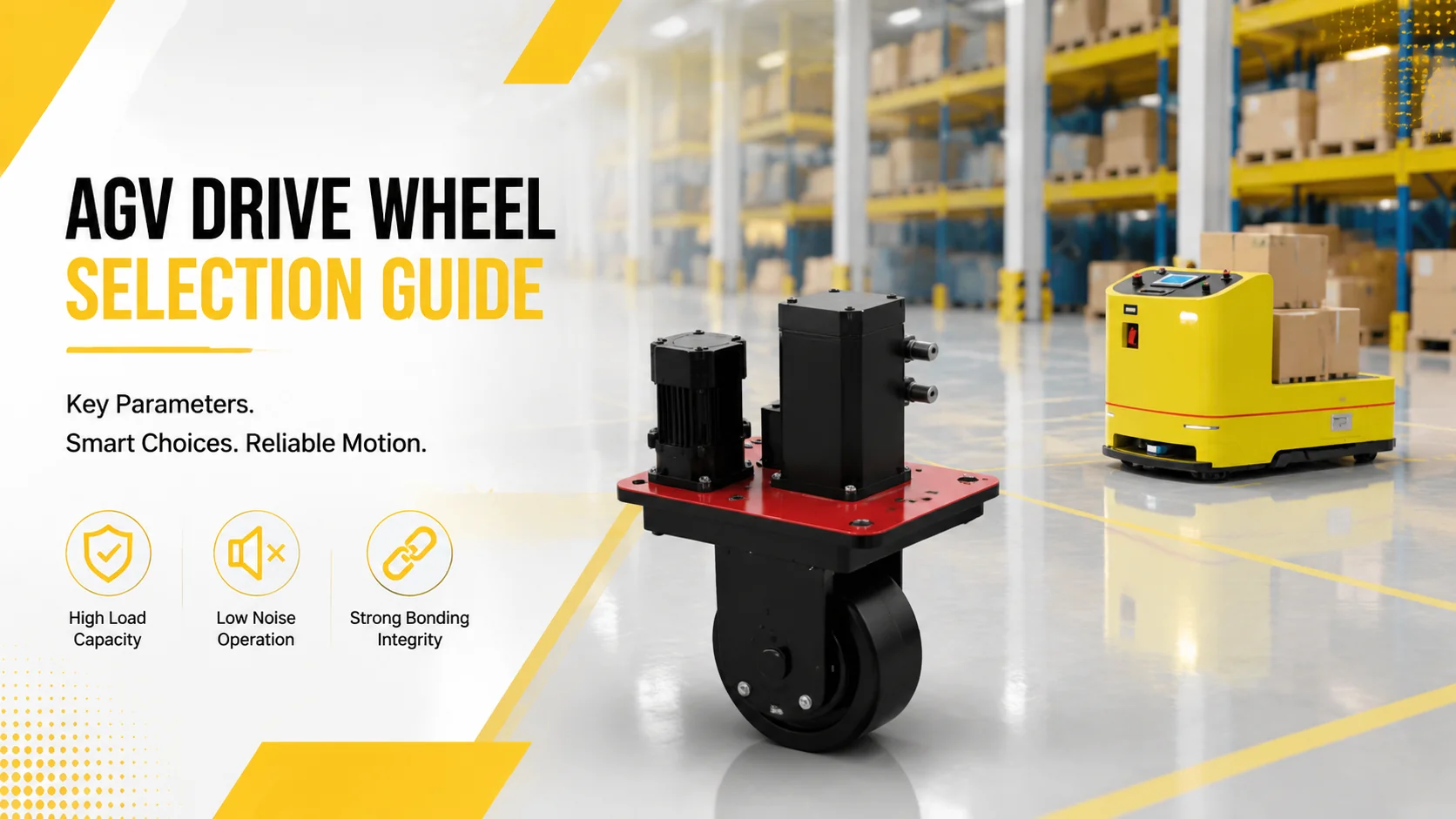 A black heavy-duty AGV drive wheel with a red mounting plate, in a warehouse next to a yellow AGV carrying boxes.