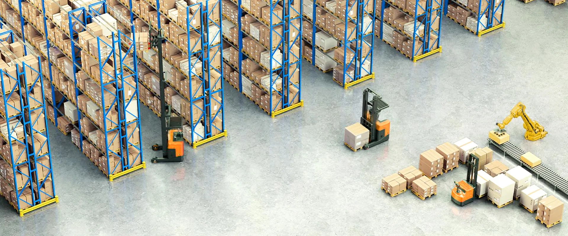 High-angle view of agv forklifts and a robotic arm moving boxes in a large automated warehouse with tall blue racks.