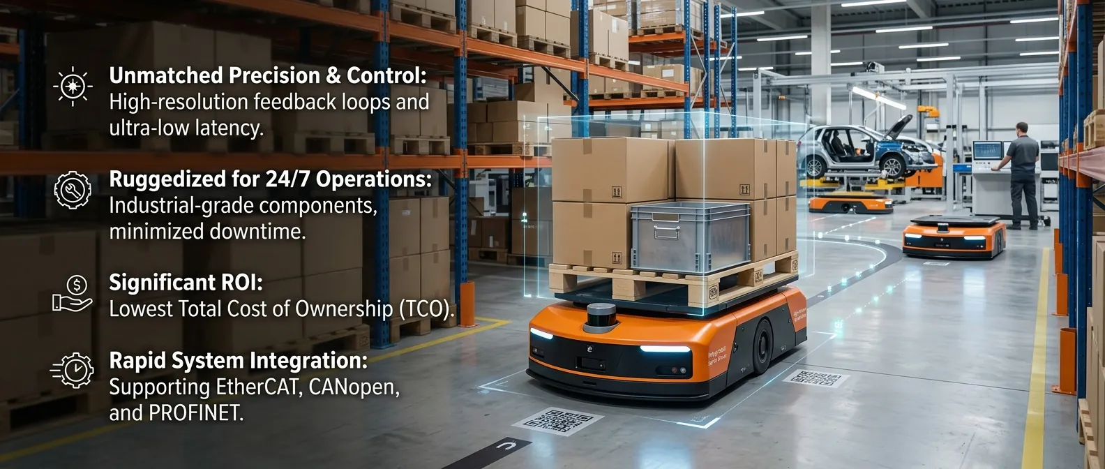 Một chiếc xe AGV màu cam đang vận chuyển một pallet gỗ chất đầy các thùng hàng, băng qua một nhà kho hiện đại với hệ thống kệ cao và dây chuyền lắp ráp ô tô.