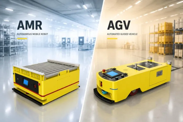 Side-by-side comparison of an autonomous mobile robot with rollers and an automated guided vehicle in a warehouse.
