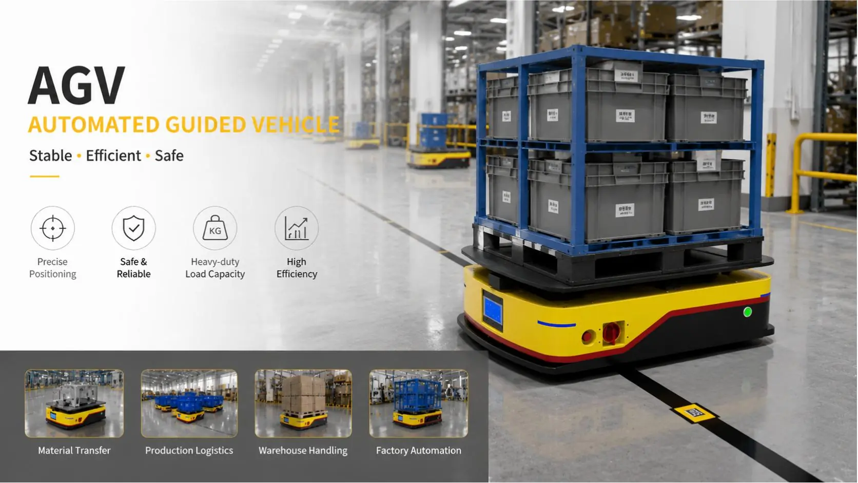 A bright yellow automated guided vehicle travels along a black floor marker, carrying a stacked plastic crate load in a warehouse.
