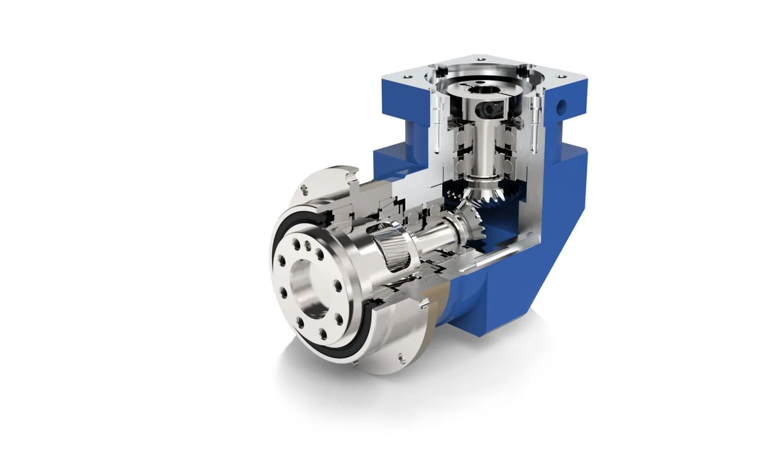 A cutaway view of a blue right-angle planetary gearbox, revealing its internal silver gears, bearings, and shafts on a white background.