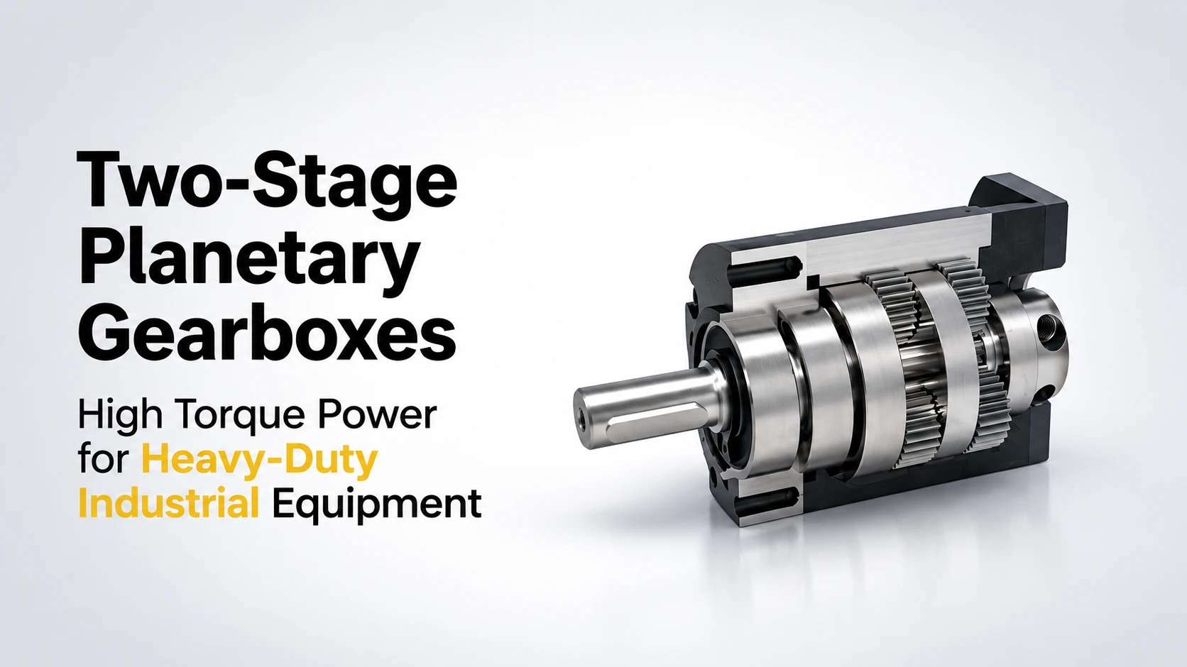 Cross-section view of a multi-stage planetary gearbox displaying internal gears and cylindrical housing.