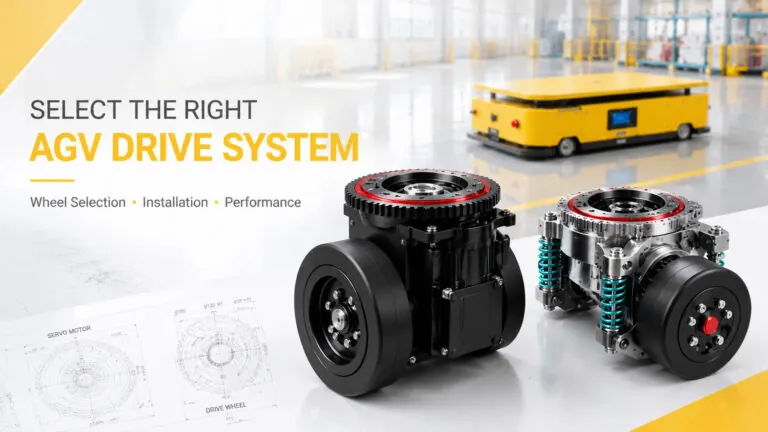 Two industrial AGV drive wheel assemblies next to blueprints, with a yellow flatbed robot in a warehouse.