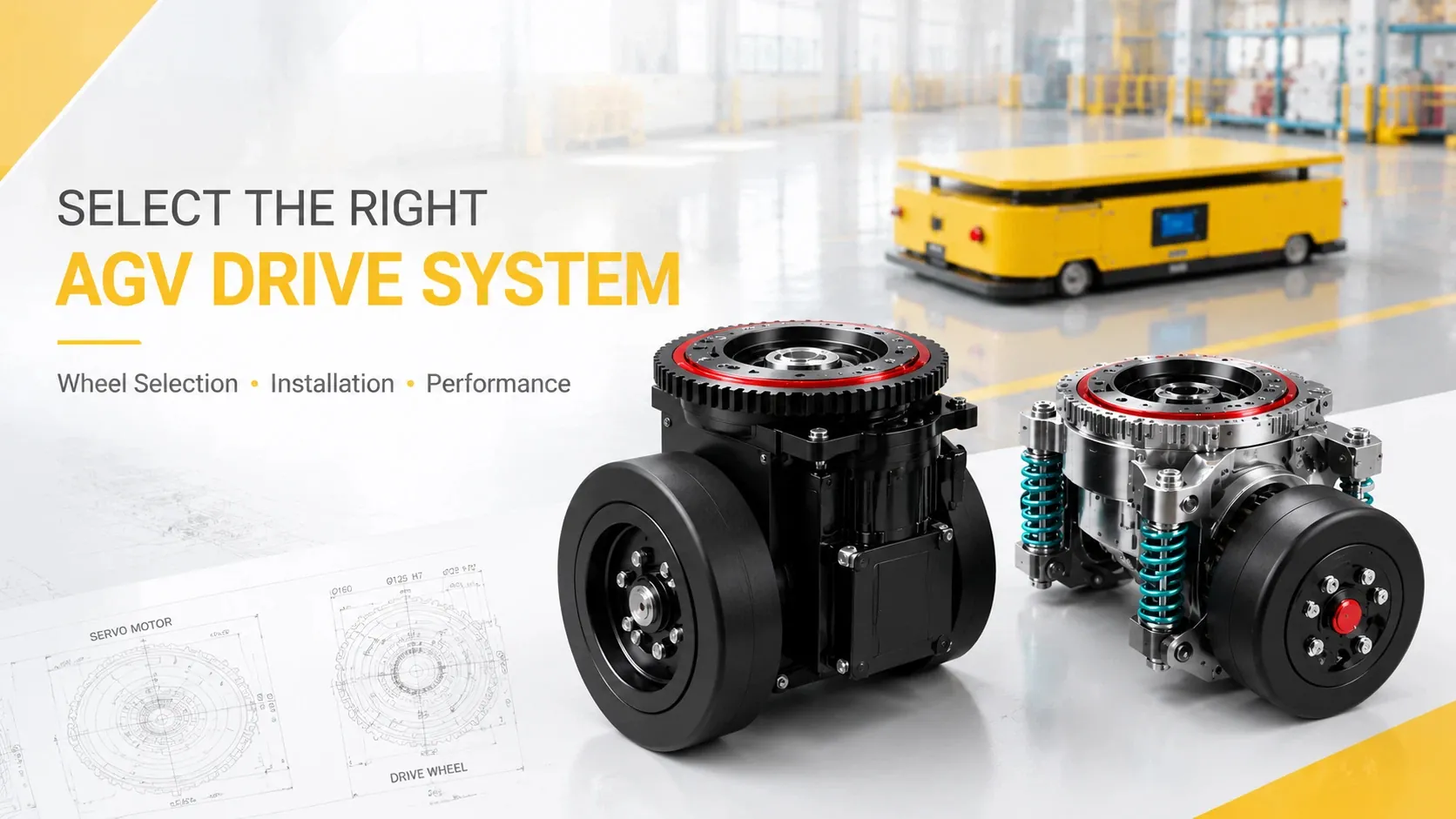 Two industrial AGV drive wheel assemblies next to blueprints, with a yellow flatbed robot in a warehouse.