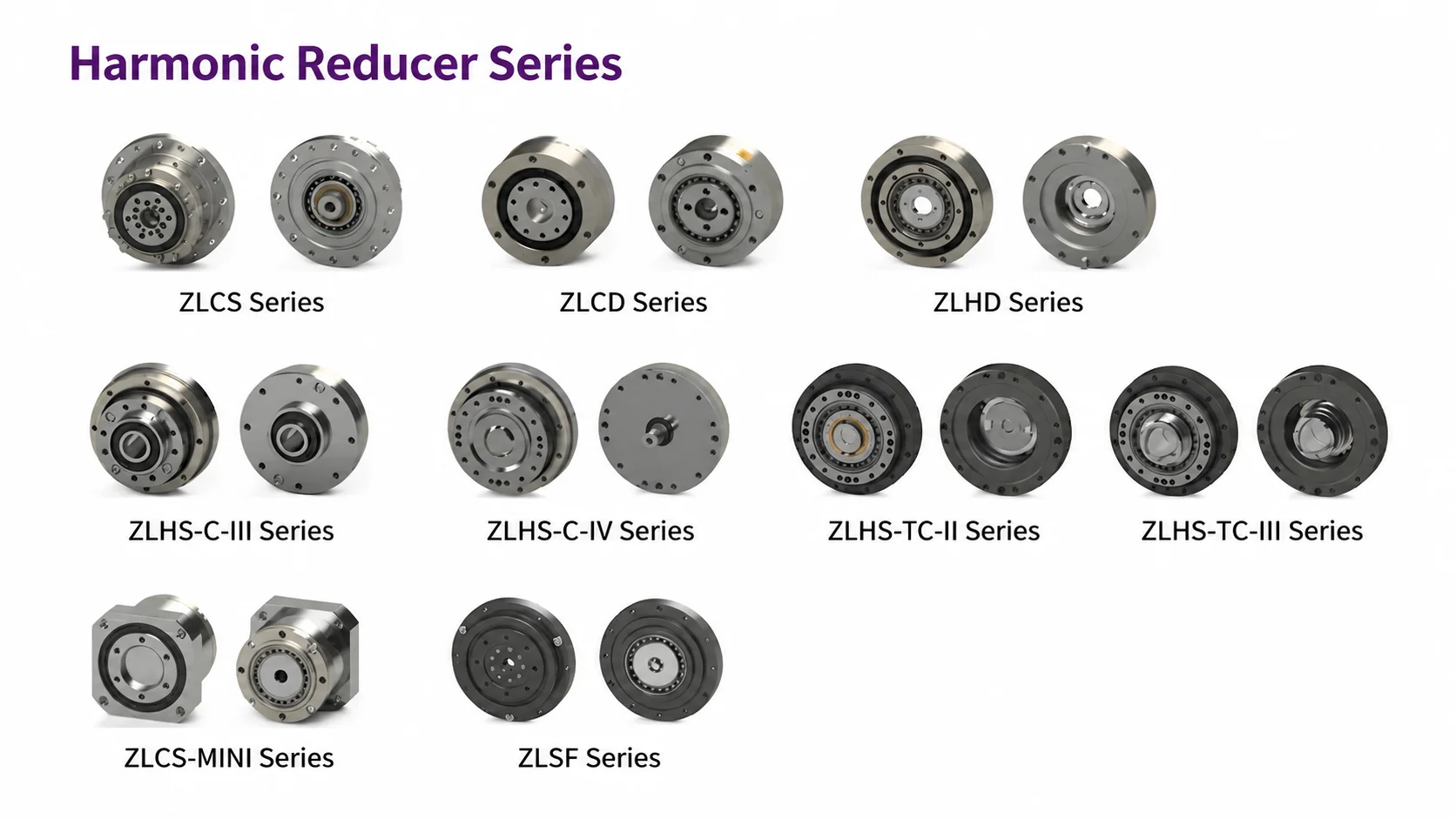 Various circular harmonic reducers displayed in pairs from different angles on a white background.