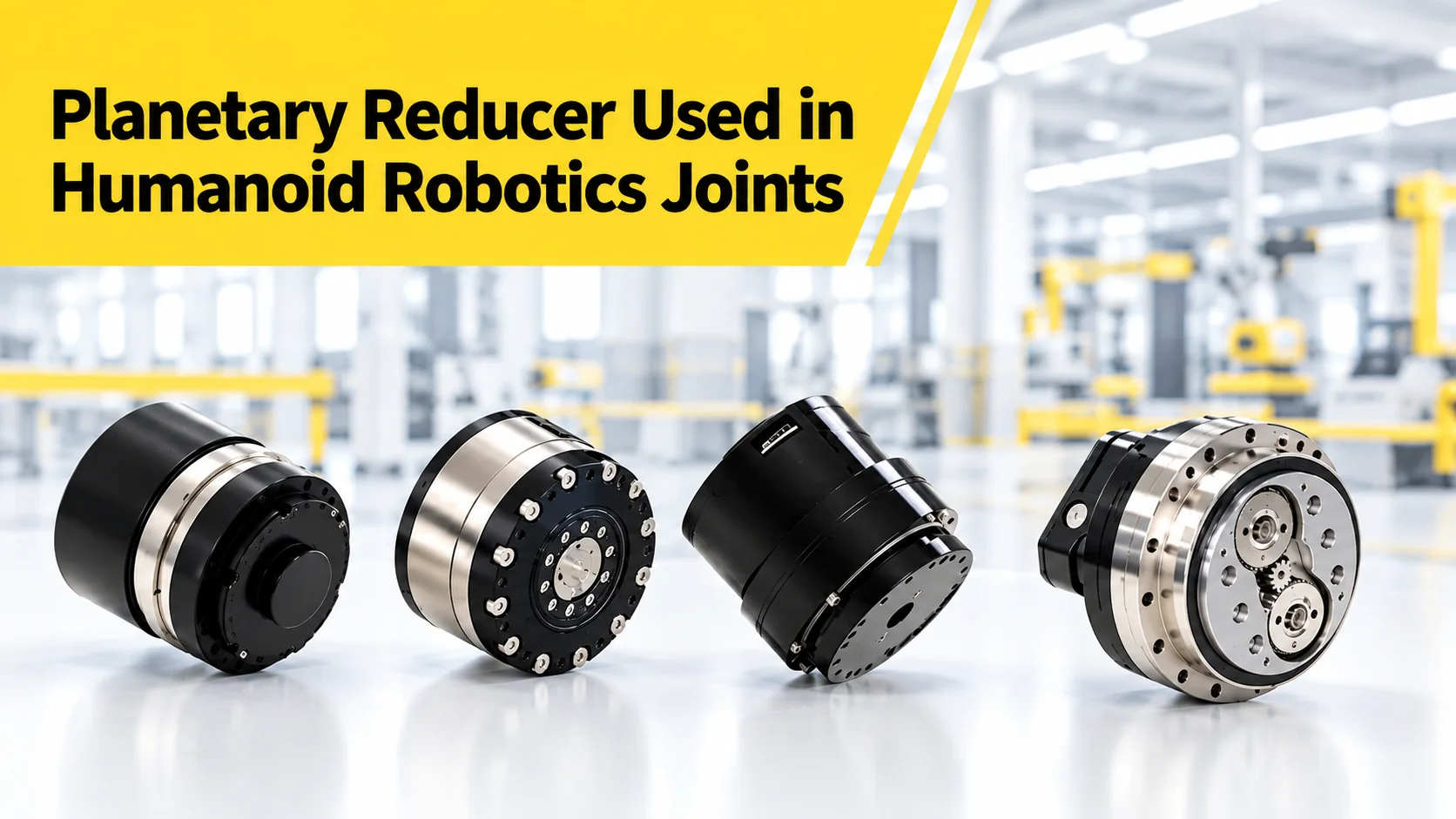 Bốn bộ giảm tốc hành tinh dạng trụ bằng kim loại dùng cho các khớp nối của robot hình người, trong đó bộ ở bên phải để lộ các bánh răng bên trong.