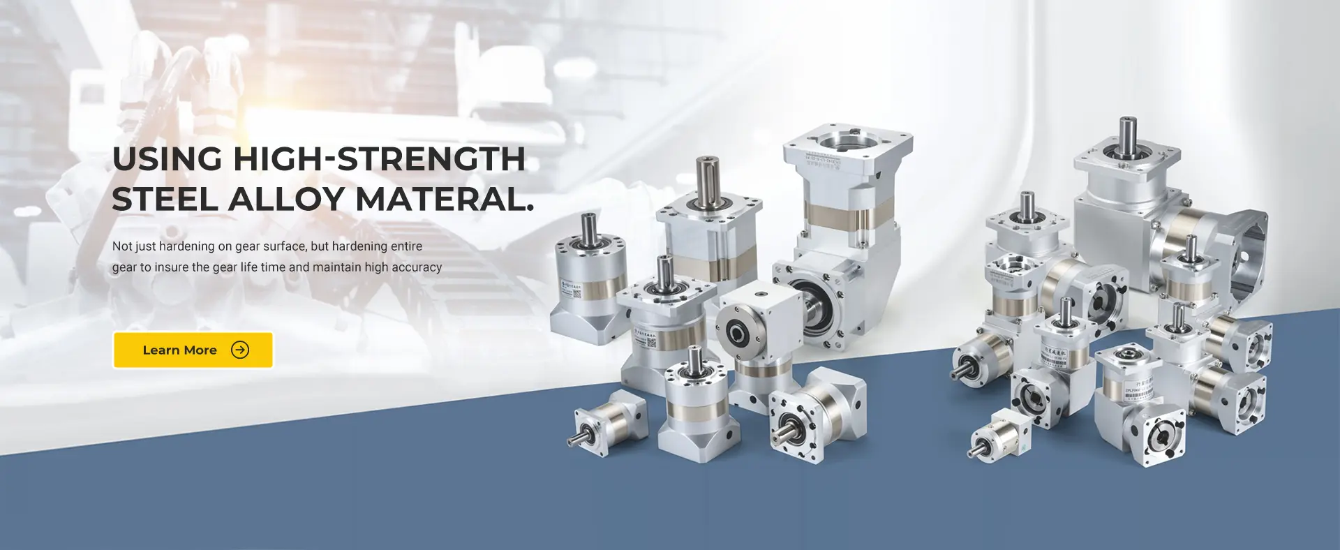 A collection of silver and gold-banded planetary gearboxes of various sizes and configurations, including right-angle and inline types, displayed on a white and blue background. Text lists "ZPLE SERIES, PLFK SERIES, PLEK SERIES, VLF SERIES, PLFS SERIES, PLES SERIES, PLX SERIES, ZPT SERIES."