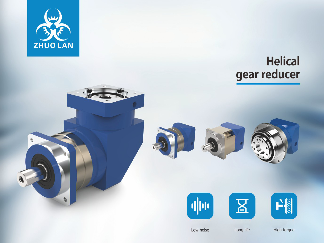 An advertisement for "Helical gear reducer" by ZHUO LAN, featuring four blue and silver gear reducers and icons for "Low noise," "Long life," and "High torque."