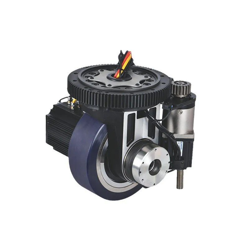 A close-up of a black and silver industrial wheel with a blue rubber tire, featuring exposed gears, wires, and a motor.