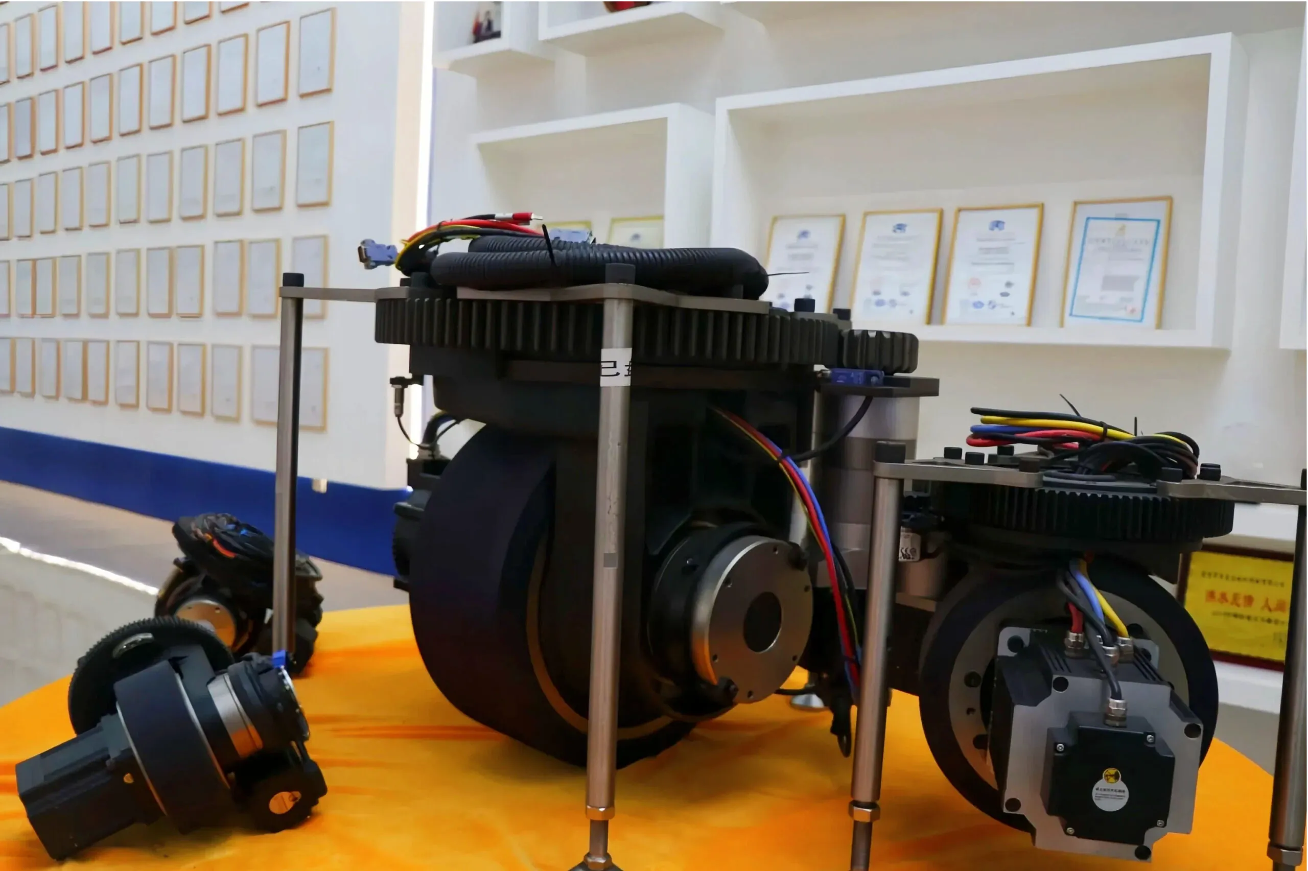 Industrial robotic drive wheels on orange cloth-covered pedestals in a technology exhibition showroom.